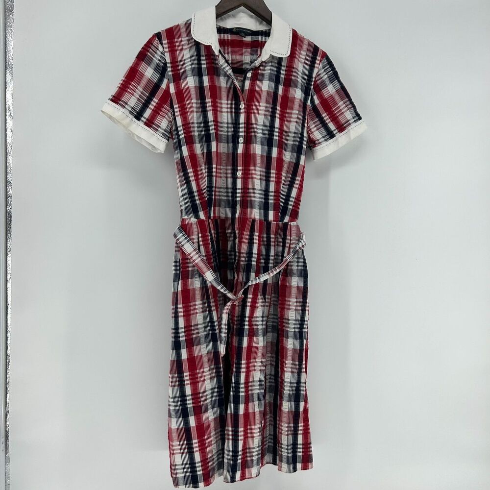 Brooks Brothers Red, Navy & White Plaid Short-Sleeve Midi Dress